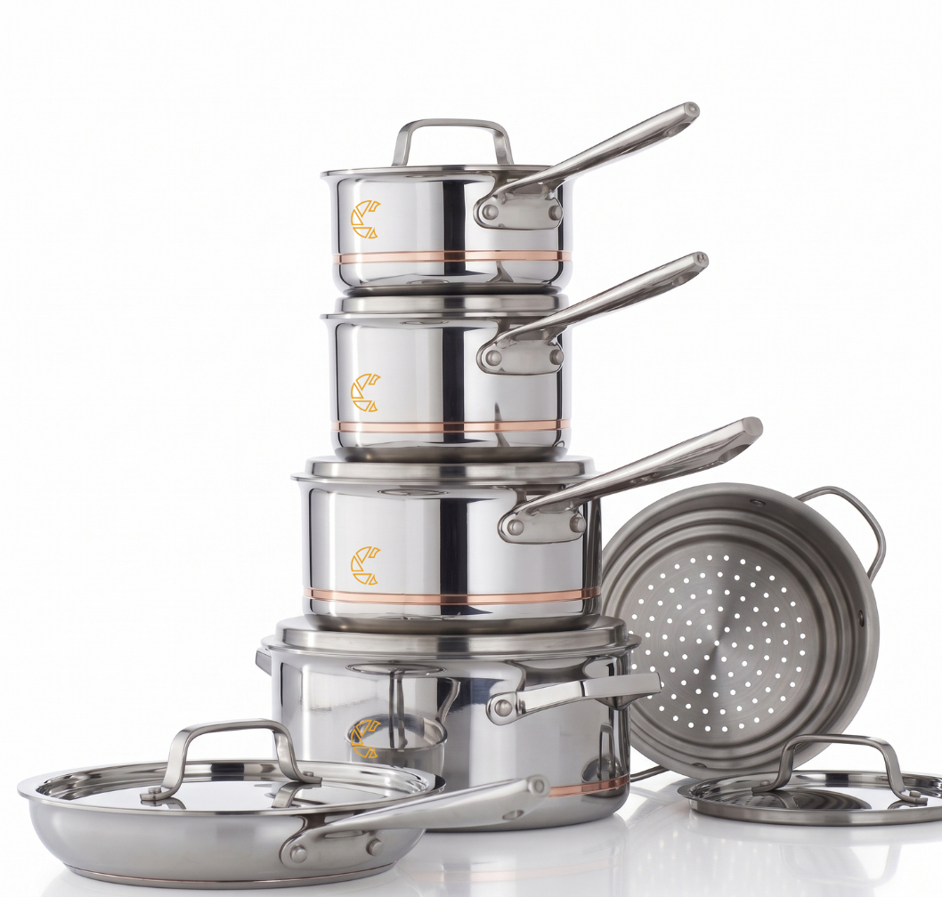 1 (8) MezaHomes Professional 12-Piece 5-Ply Copper Core Stainless Steel Cookware Set - Image 1