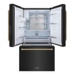 ZLINE 36 in. French Door Refrigerator 28.9 cu. ft. Standard-Depth, External Water Dispenser, Dual Ice Maker, Fingerprint-Resistant Black Stainless Steel, Polished Gold Helix Handles (RSMZ-W-36-BS-KG) - Image 4