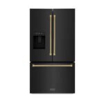 ZLINE 36 in. French Door Refrigerator 28.9 cu. ft. Standard-Depth, External Water Dispenser, Dual Ice Maker, Fingerprint-Resistant Black Stainless Steel, Polished Gold Helix Handles (RSMZ-W-36-BS-KG)