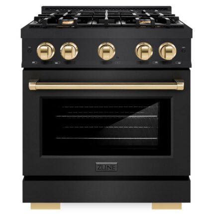 ZLINE 30 in. Dual Fuel Range 4.2 cu. ft. 4 Burner Gas Cooktop Electric Convection Oven Black Stainless Steel Polished Gold Accents (HDRBZ-30-G)