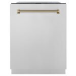 ZLINE Autograph 24" Monument Series 3rd Rack Top Touch Control Tall Tub Dishwasher in Stainless Steel with Champagne Bronze Helix Handle, 45dBa, DWMTZ-30424-KCB