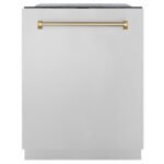 ZLINE Autograph 24" Monument Series 3rd Rack Top Touch Control Tall Tub Dishwasher in Stainless Steel with Polished Gold Helix Handle, 45dBa, DWMTZ-30424-KG