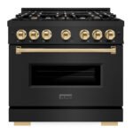 ZLINE 36 in. Dual Fuel Range 5.2 cu. ft. 6 Burner Gas Cooktop Electric Convection Oven Black Stainless Steel with Polished Gold Accents (CDRBZ-36-G)